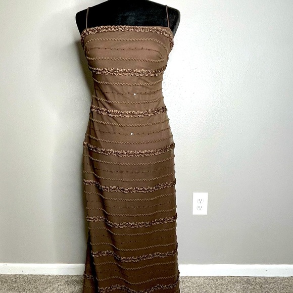 JS Collections Brown Sequin Dress Petite with 3/4 Sleeve Sheer Bolero | Size 8P - Picture 3 of 11